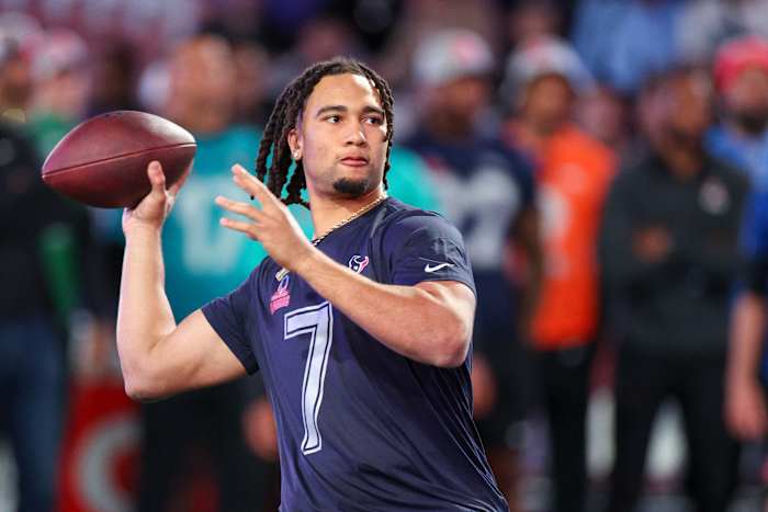 Texans quarterback C.J. Stroud (7) participates in the NFL Pro Bowl Skills Competition at the UCF NIcholson Fieldhouse.